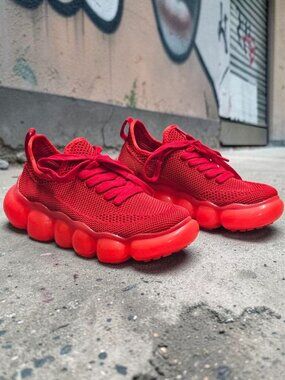 Red Mesh Athletic Sneakers With Bubble Sole - Breathable Lightweight Design For